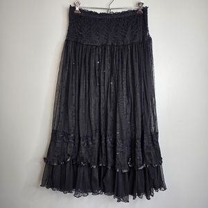Pretty Angel Black Silk Blend Lace & Sequin Maxi Skirt, Sz L/XL goth witchy boho